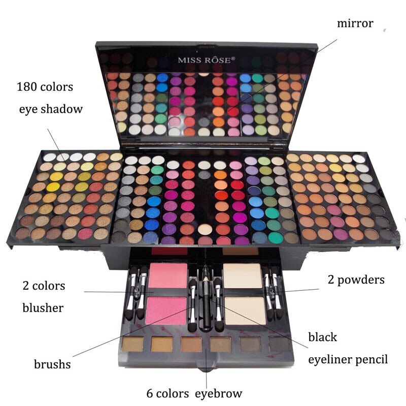 Paleta de Maquillaje Profesional Miss Rôse – 180 Colores de Sombras y Rubor